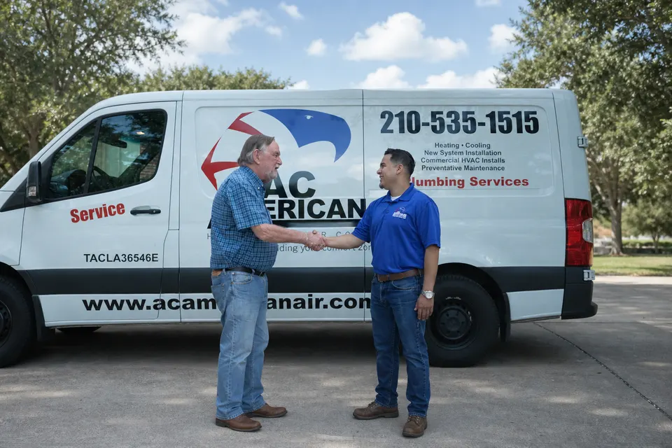 AC American Air owner shaking hands with a customer in front of the service van. San Antonio